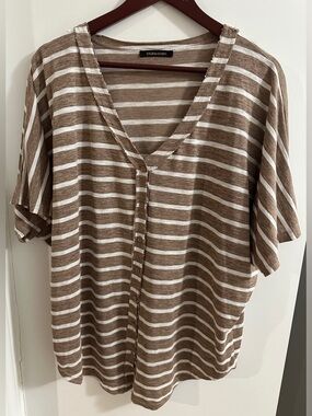 Bluheaven Brown & White Striped Button-Front V-Neck Top